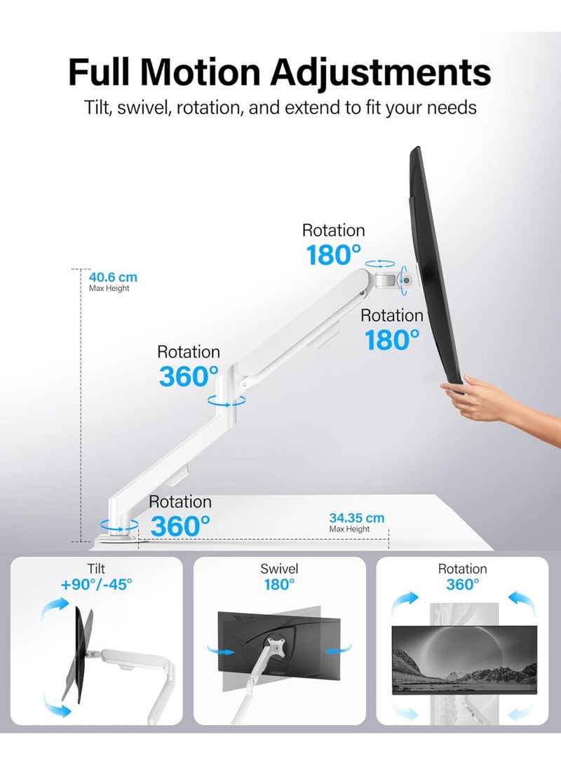 Single Monitor Arm,  Mount Aluminum Gas Spring Adjustable Ergonomic  Monitor Arm, Swivel Monitor Mount & 2  Mounting Base for 13-32 inches 1.5-10 kgs Sceens, Whit ﻿ - Image 2